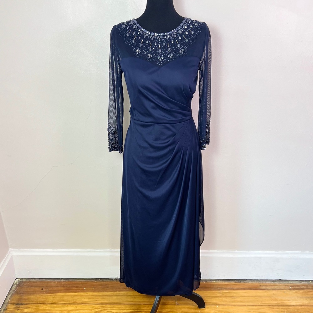 Alex Evenings Gown 6 Navy Blue Beaded Illusion Neck Ruched Formal Dress